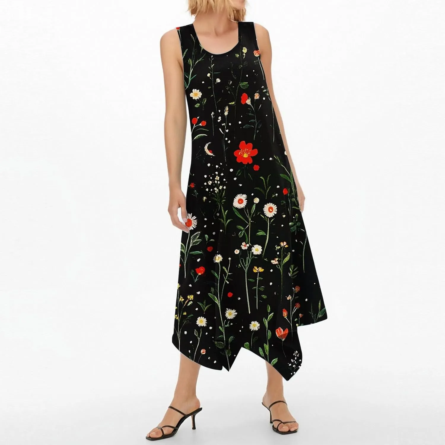 Summer Dresses for Women 2025 Fashion Round Neck Sleeveless Print Irregular Hem Tank Sundress Casual Beach Midi Dresses