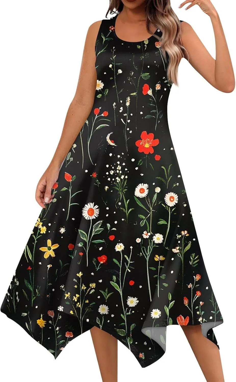 Summer Dresses for Women 2025 Fashion Round Neck Sleeveless Print Irregular Hem Tank Sundress Casual Beach Midi Dresses