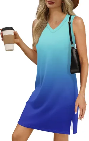 Summer Dresses for Women 2025 Floral Loose Tank Dress Beach T Shirt Dresses Sleeveless Casual Sundresses with Split