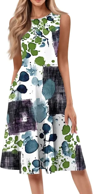 Summer Dresses for Women 2025 Midi Short Sleeve Round Neck Dresses Elegant Pleated with Side Pocket A Line Dress