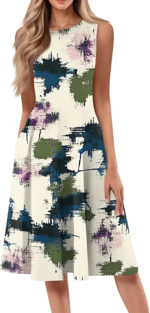 Summer Dresses for Women 2025 Midi Short Sleeve Round Neck Dresses Elegant Pleated with Side Pocket A Line Dress