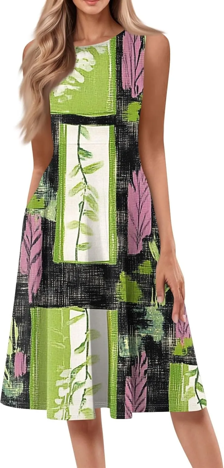 Summer Dresses for Women 2025 Midi Short Sleeve Round Neck Dresses Elegant Pleated with Side Pocket A Line Dress