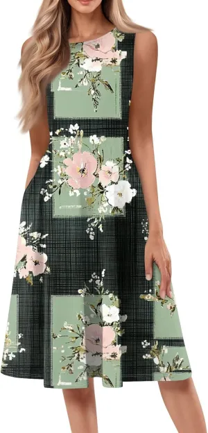 Summer Dresses for Women 2025 Midi Short Sleeve Round Neck Dresses Elegant Pleated with Side Pocket A Line Dress