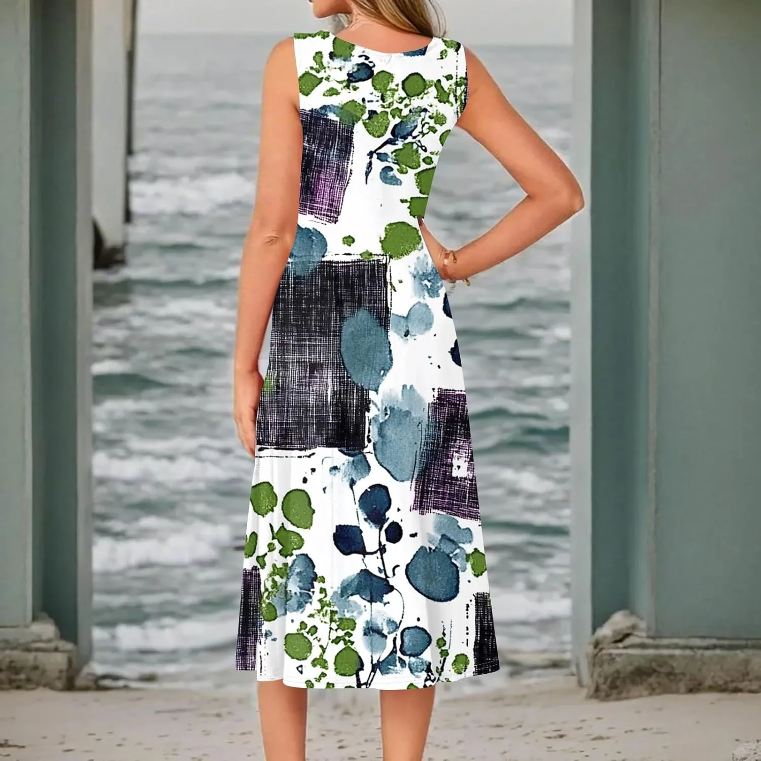 Summer Dresses for Women 2025 Midi Short Sleeve Round Neck Dresses Elegant Pleated with Side Pocket A Line Dress