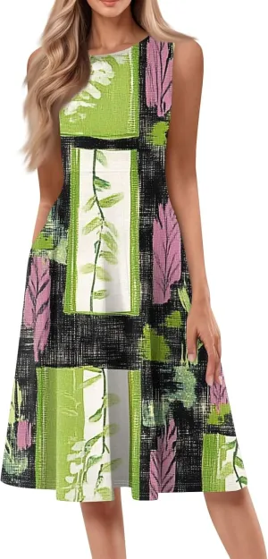 Summer Dresses for Women 2025 Midi Short Sleeve Round Neck Dresses Elegant Pleated with Side Pocket A Line Dress
