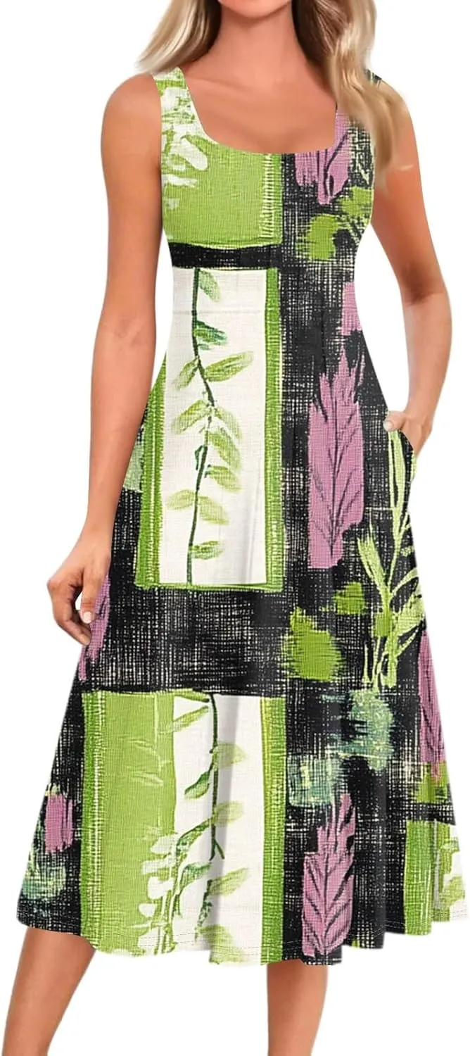 Summer Dresses for Women 2025 Midi Short Sleeve Round Neck Dresses Elegant Pleated with Side Pocket A Line Dress