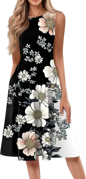 Summer Dresses for Women 2025 Midi Short Sleeve Round Neck Dresses Elegant Pleated with Side Pocket A Line Dress