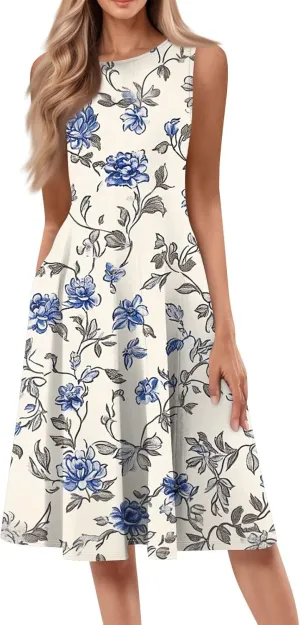 Summer Dresses for Women 2025 Midi Short Sleeve Round Neck Dresses Elegant Pleated with Side Pocket A Line Dress