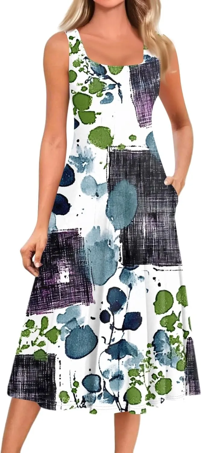 Summer Dresses for Women 2025 Midi Short Sleeve Round Neck Dresses Elegant Pleated with Side Pocket A Line Dress