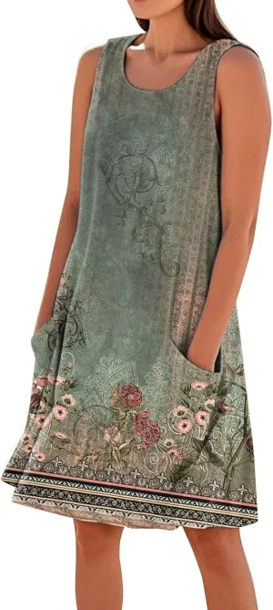 Summer Dresses for Women 2025 Sleeveless Beach T Shirt Dress Loose Casual Tank Dress U Neck Sundresses with Pockets