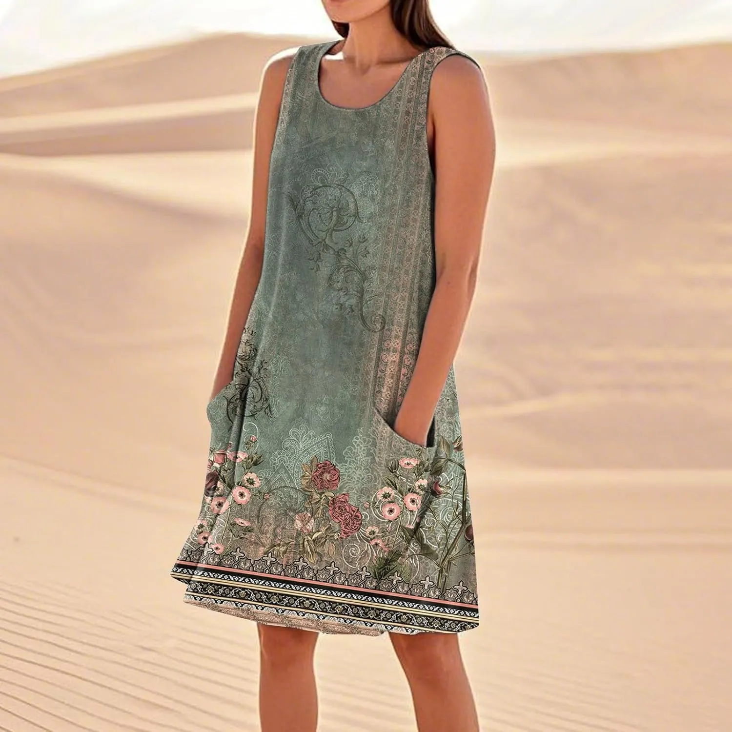 Summer Dresses for Women 2025 Sleeveless Beach T Shirt Dress Loose Casual Tank Dress U Neck Sundresses with Pockets