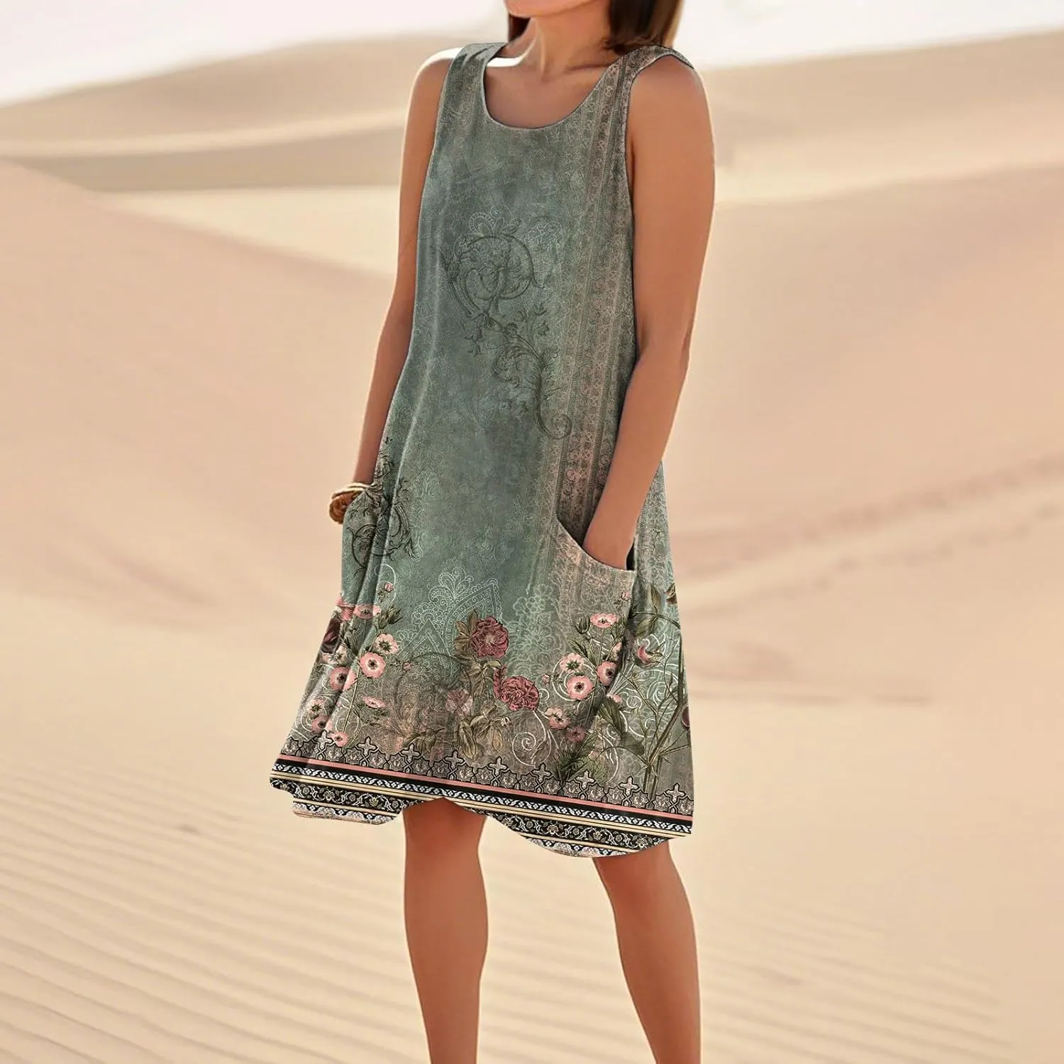 Summer Dresses for Women 2025 Sleeveless Beach T Shirt Dress Loose Casual Tank Dress U Neck Sundresses with Pockets