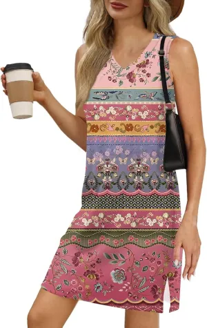 Summer Dresses for Women 2025 Sleeveless Beach T Shirt Dresses Casual Sundresses Loose Floral Tank Dress with Split