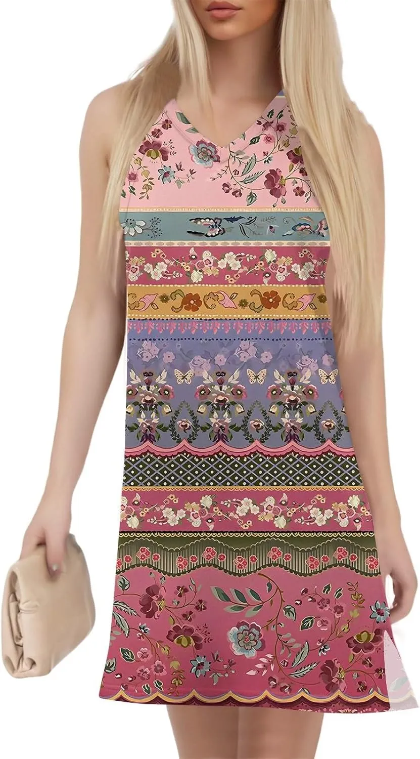 Summer Dresses for Women 2025 Sleeveless Beach T Shirt Dresses Casual Sundresses Loose Floral Tank Dress with Split
