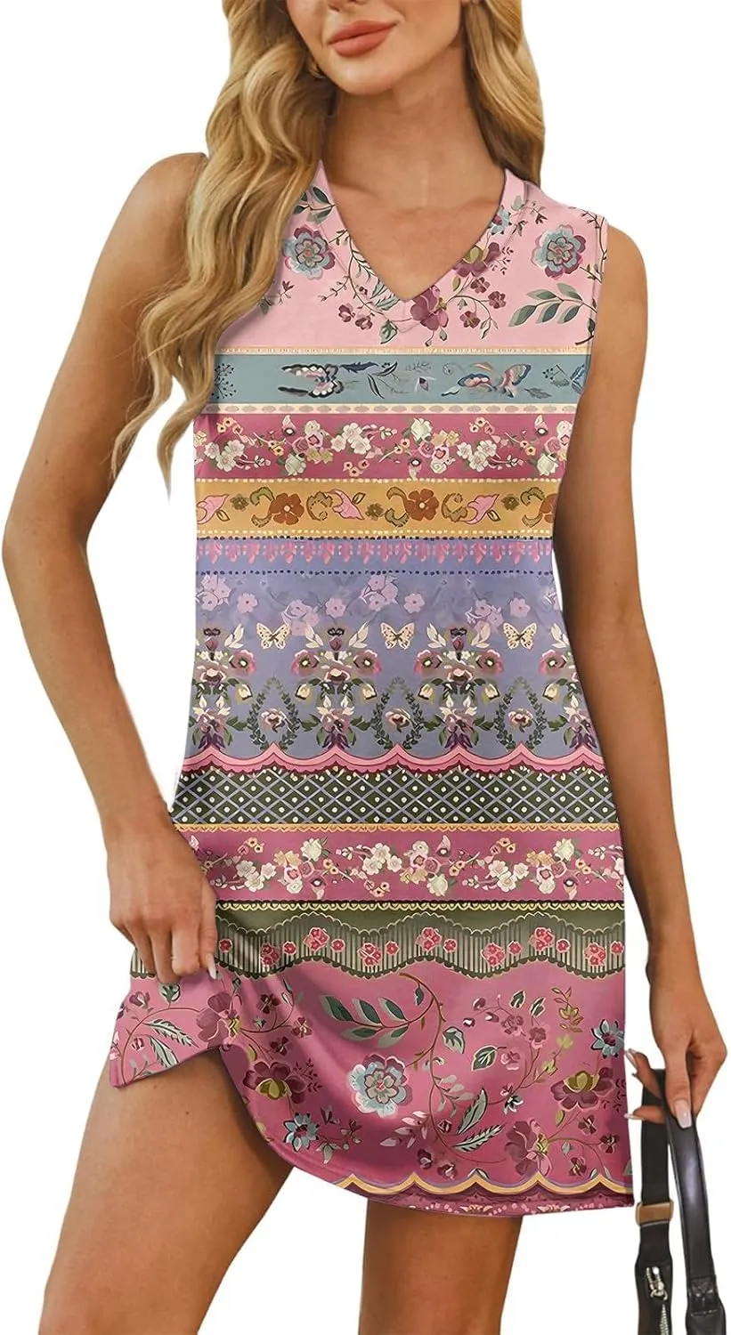 Summer Dresses for Women 2025 Sleeveless Beach T Shirt Dresses Casual Sundresses Loose Floral Tank Dress with Split