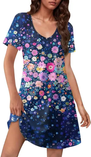 Summer Dresses for Women V-Neck Swimsuit Coverup Floral Sundresses Casual Short Sleeve T Shirt Dress Loose with Pockets