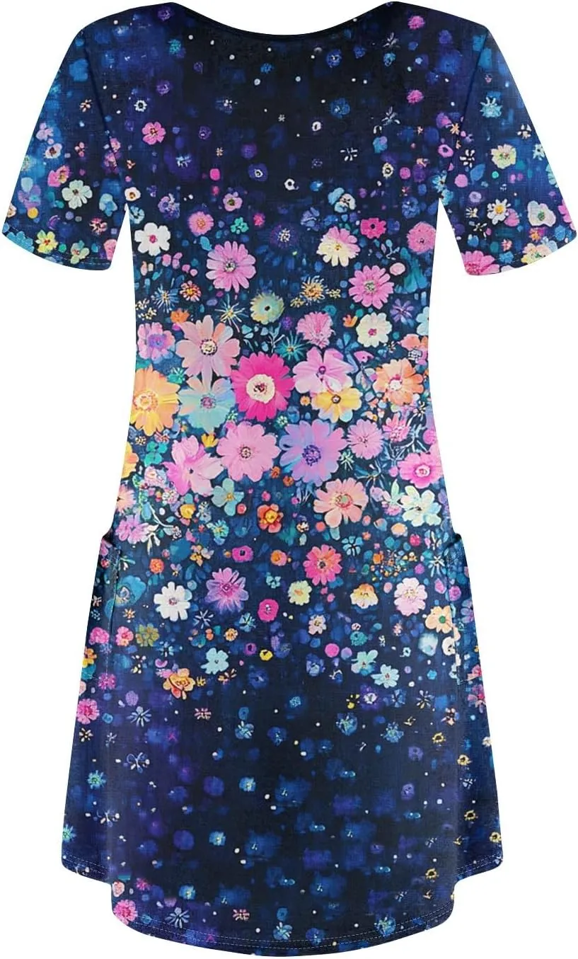 Summer Dresses for Women V-Neck Swimsuit Coverup Floral Sundresses Casual Short Sleeve T Shirt Dress Loose with Pockets