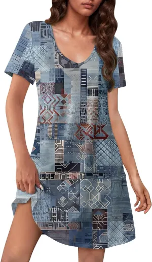 Summer Dresses for Women V-Neck Swimsuit Coverup Floral Sundresses Casual Short Sleeve T Shirt Dress Loose with Pockets