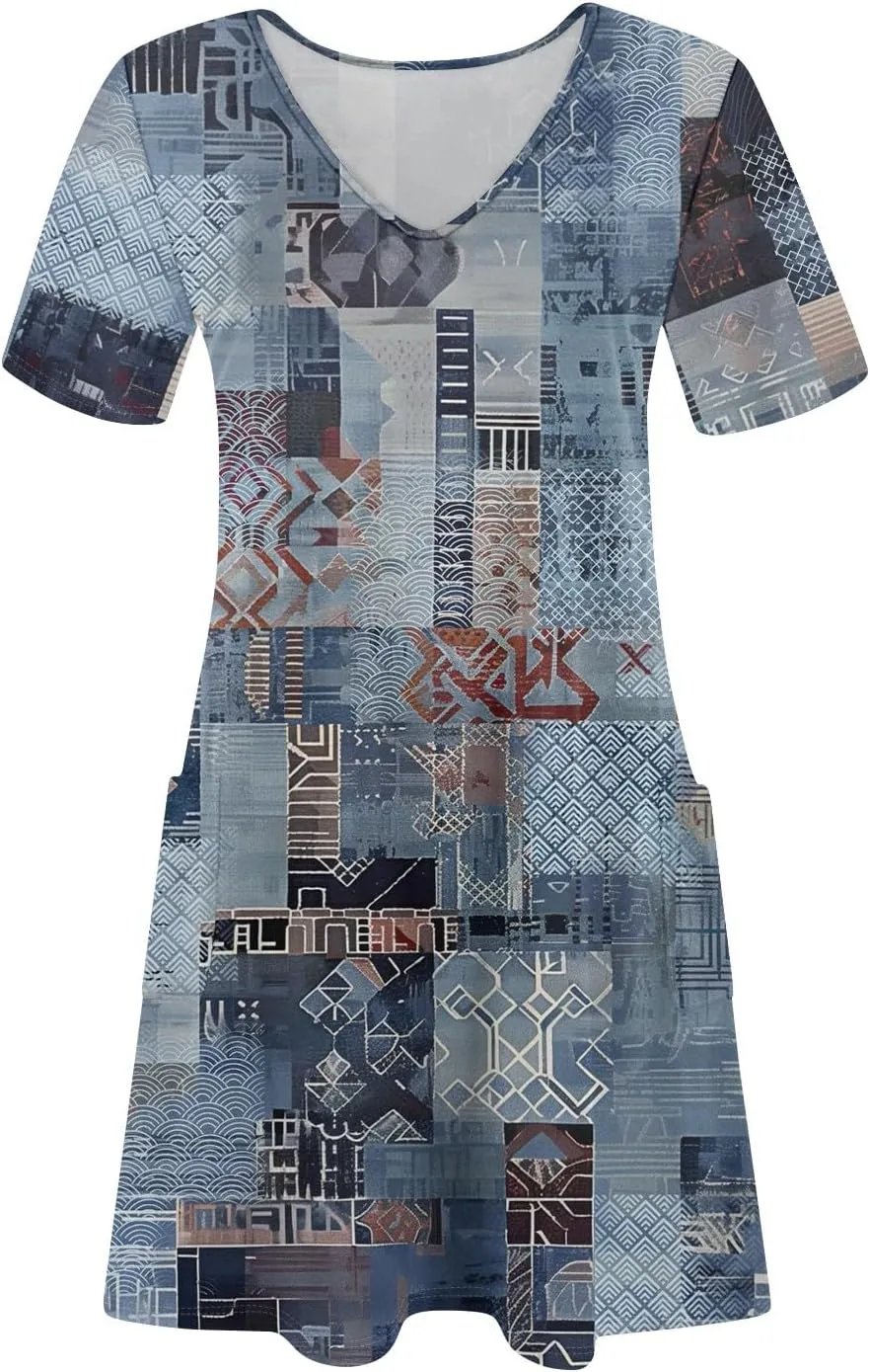 Summer Dresses for Women V-Neck Swimsuit Coverup Floral Sundresses Casual Short Sleeve T Shirt Dress Loose with Pockets
