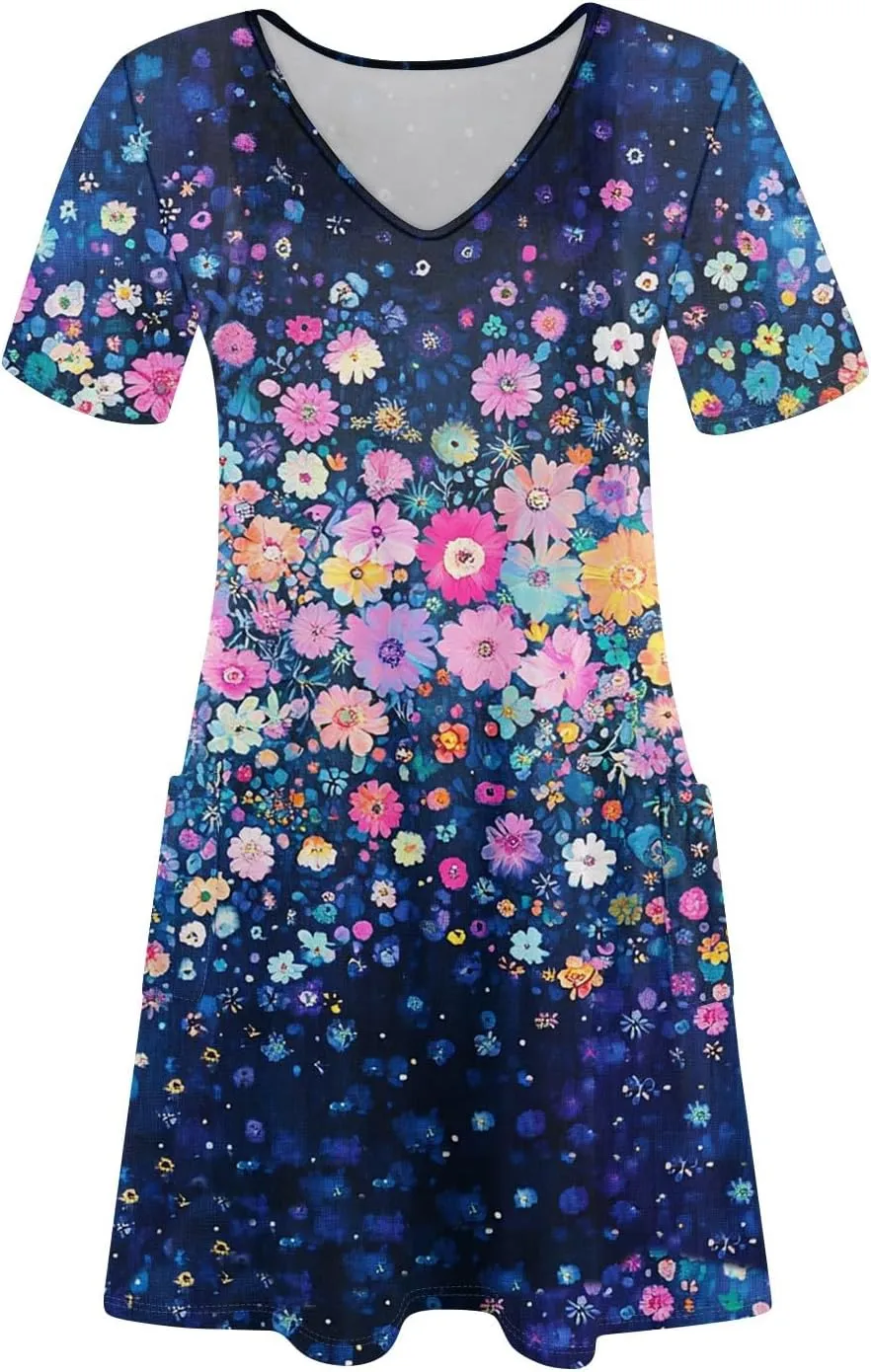 Summer Dresses for Women V-Neck Swimsuit Coverup Floral Sundresses Casual Short Sleeve T Shirt Dress Loose with Pockets