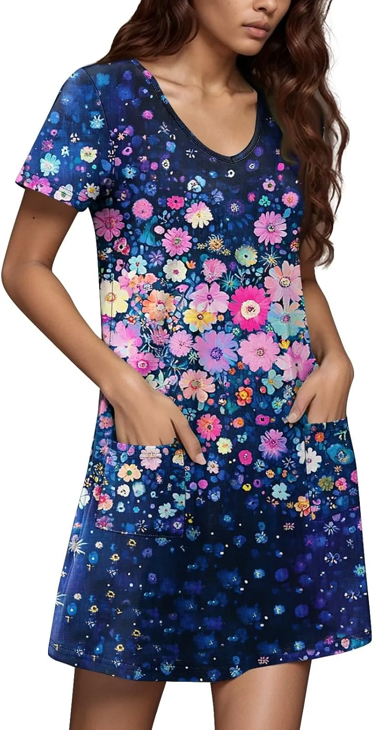 Summer Dresses for Women V-Neck Swimsuit Coverup Floral Sundresses Casual Short Sleeve T Shirt Dress Loose with Pockets