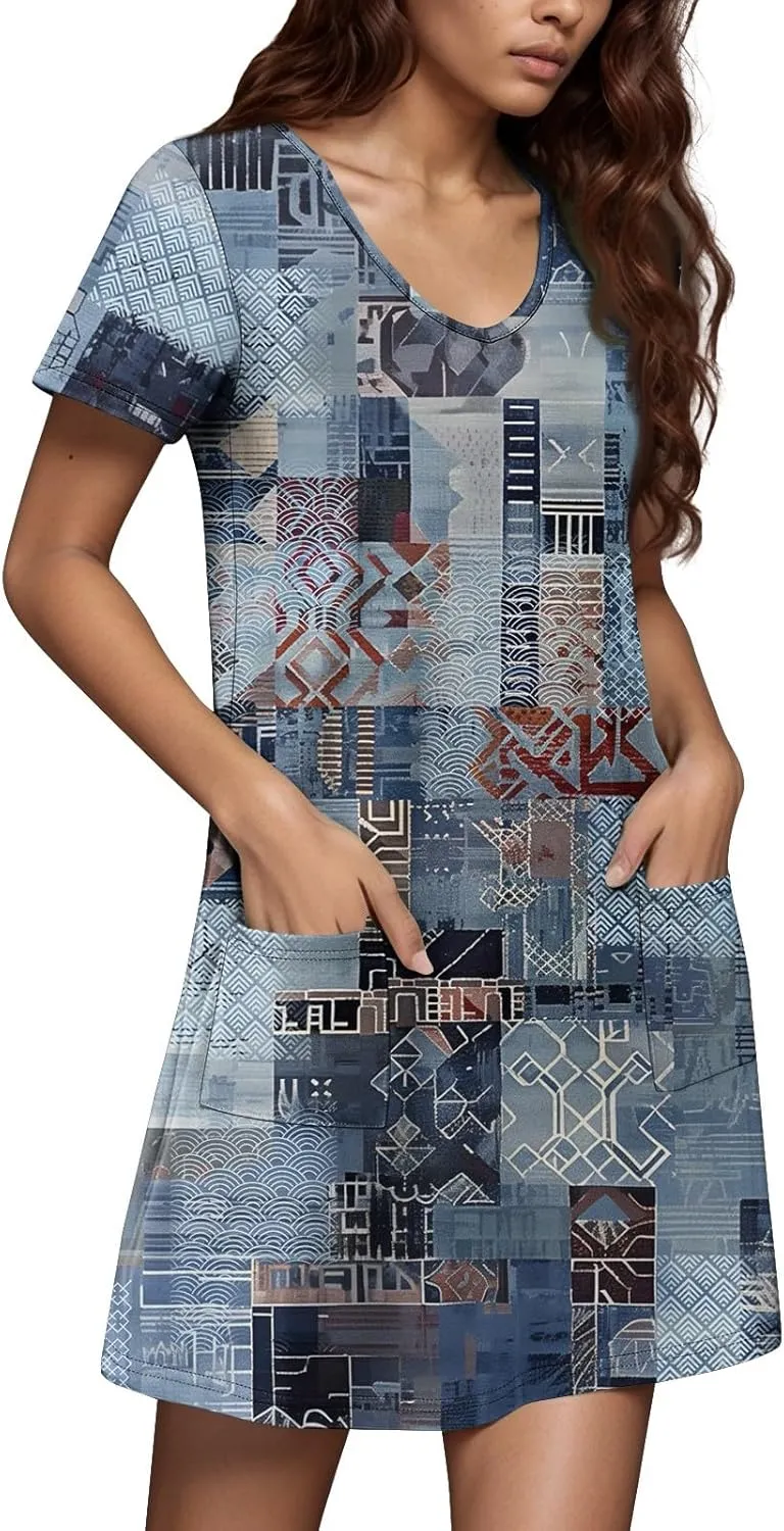 Summer Dresses for Women V-Neck Swimsuit Coverup Floral Sundresses Casual Short Sleeve T Shirt Dress Loose with Pockets