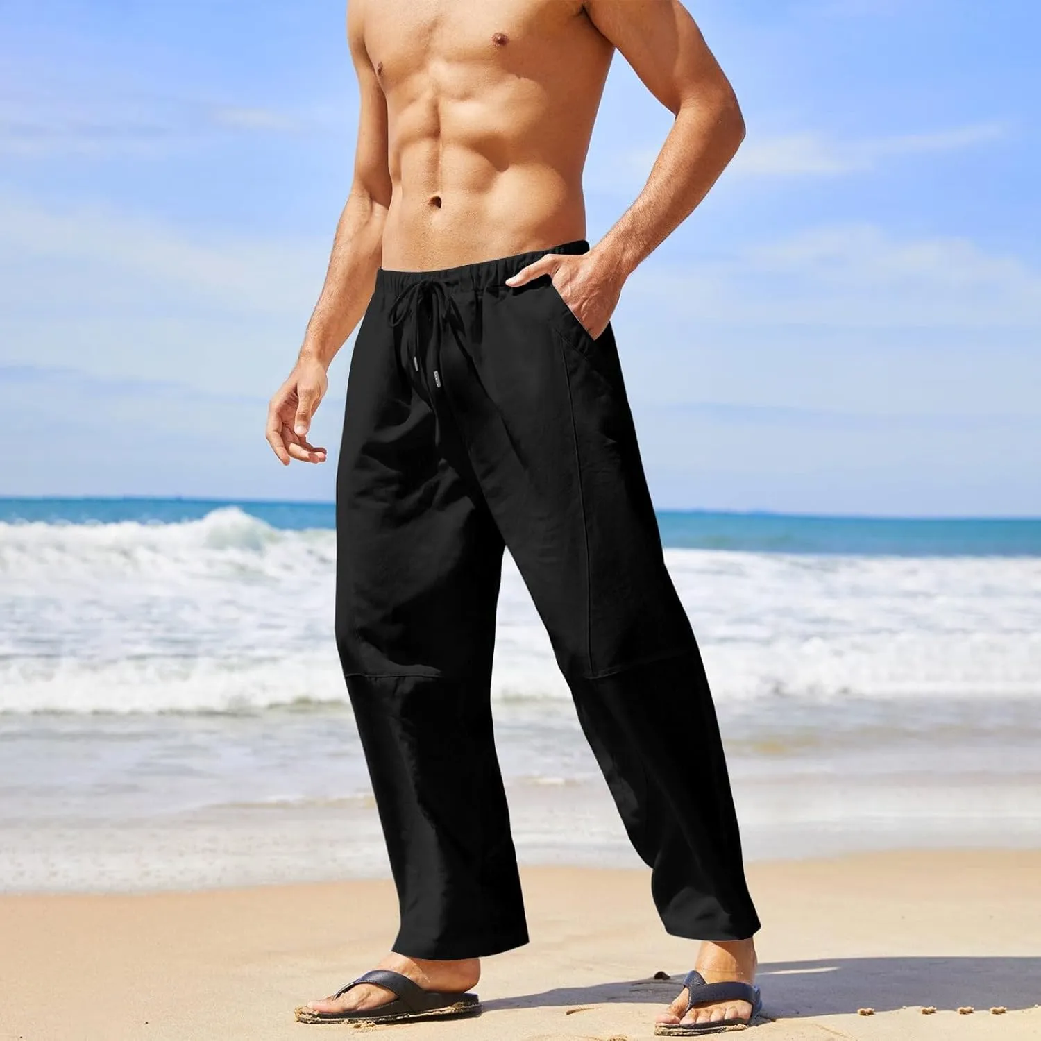 Summer Linen Cropped Pants for Men Straight Leg Elastic Waist Beach Yoga Trousers with Drawstrings Loose Fit Outdoor Slacks