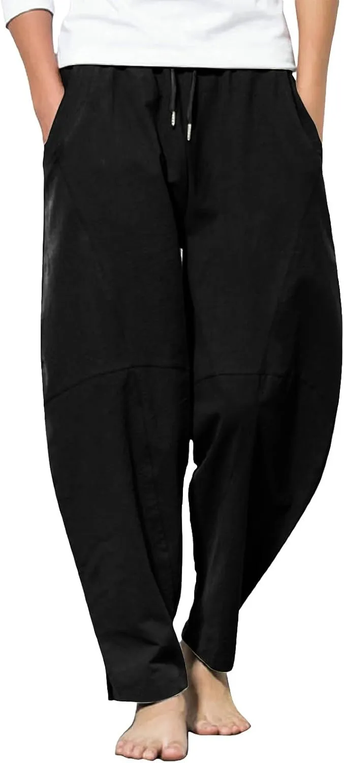 Summer Linen Cropped Pants for Men Straight Leg Elastic Waist Beach Yoga Trousers with Drawstrings Loose Fit Outdoor Slacks