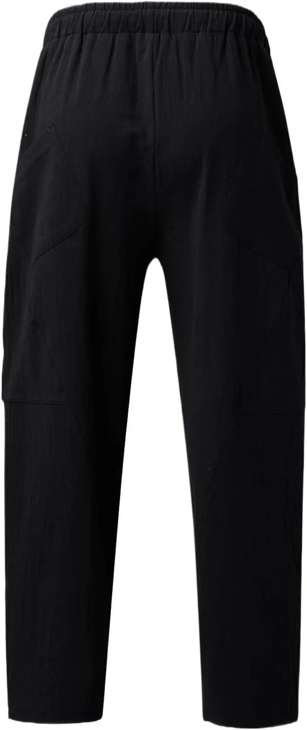 Summer Linen Cropped Pants for Men Straight Leg Elastic Waist Beach Yoga Trousers with Drawstrings Loose Fit Outdoor Slacks