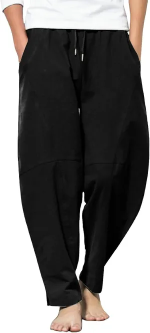 Summer Linen Cropped Pants for Men Straight Leg Elastic Waist Beach Yoga Trousers with Drawstrings Loose Fit Outdoor Slacks