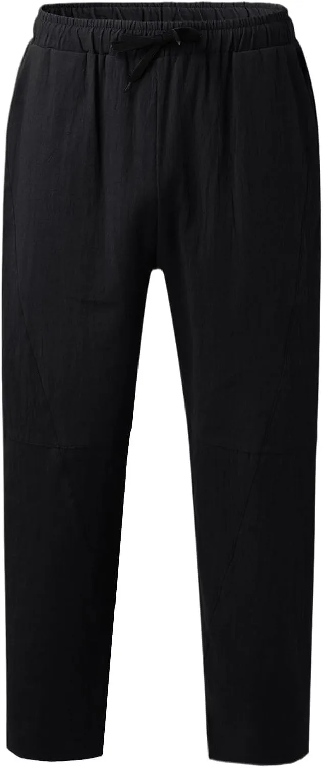 Summer Linen Cropped Pants for Men Straight Leg Elastic Waist Beach Yoga Trousers with Drawstrings Loose Fit Outdoor Slacks