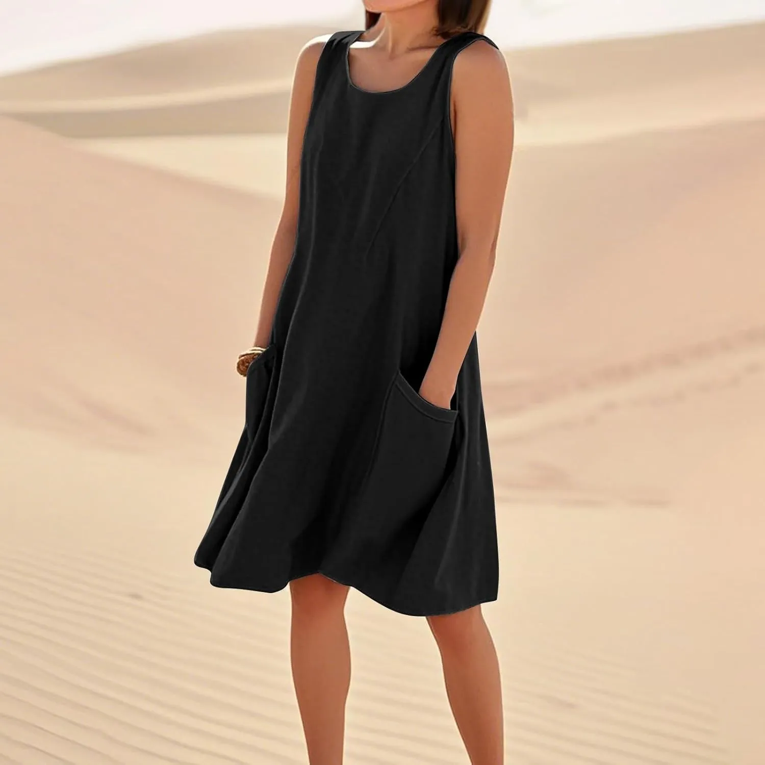 Summer Tank Dresses for Women 2025 Loose Beach Vacation Clothes Casual Sleeveless Linen Sundresses with Pockets