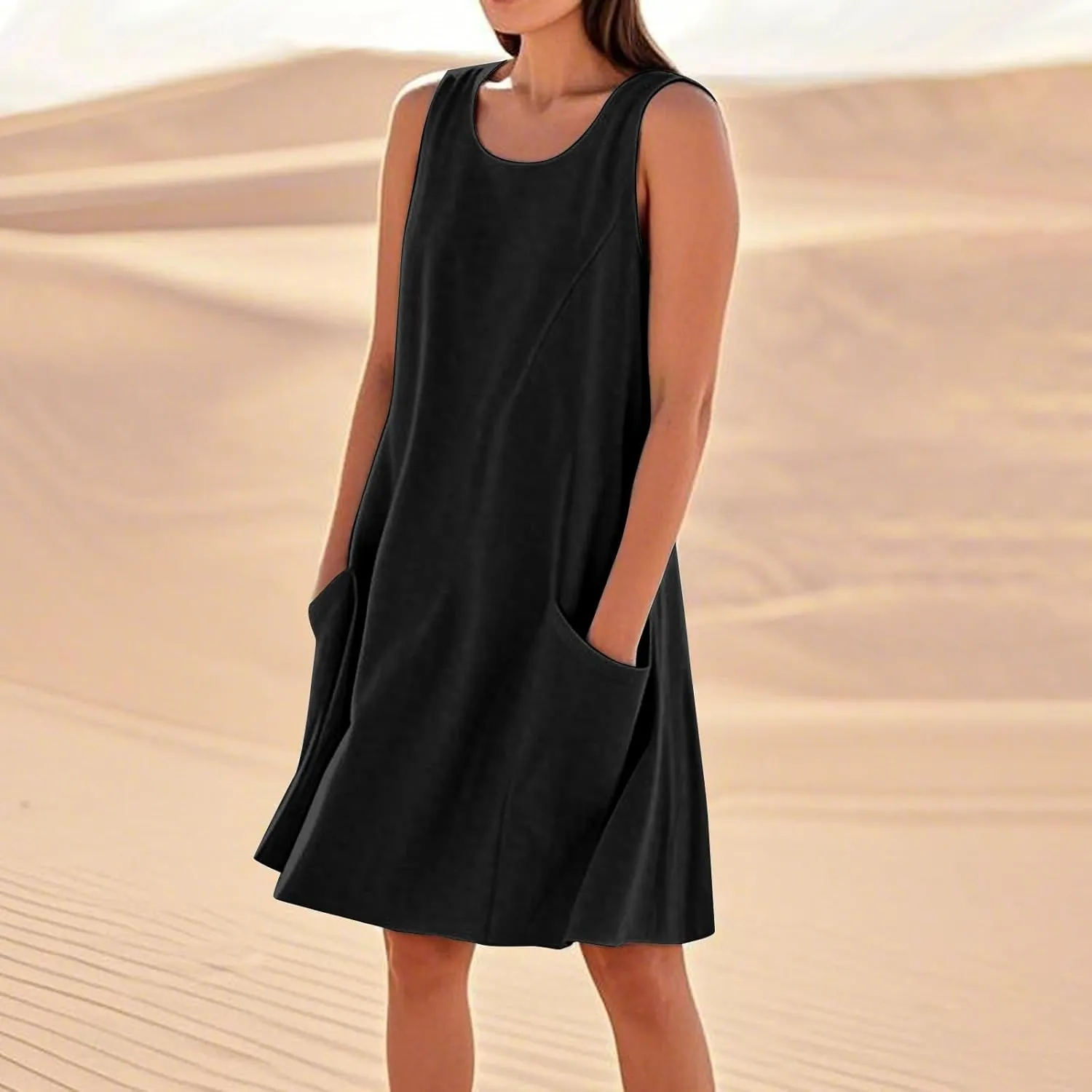 Summer Tank Dresses for Women 2025 Loose Beach Vacation Clothes Casual Sleeveless Linen Sundresses with Pockets