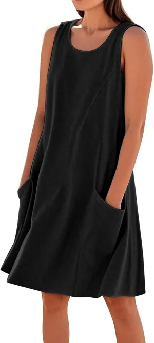 Summer Tank Dresses for Women 2025 Loose Beach Vacation Clothes Casual Sleeveless Linen Sundresses with Pockets