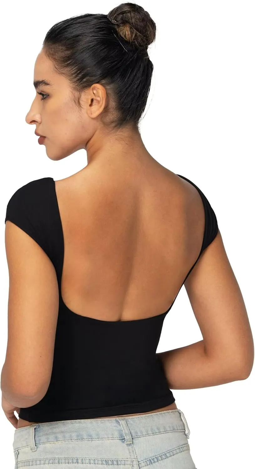 Sunzel Open Back Tops for Women Sexy Going Out Top Double Lined Backless Shirt Y2K Crop Basic Tee Shirts for Casual Workout