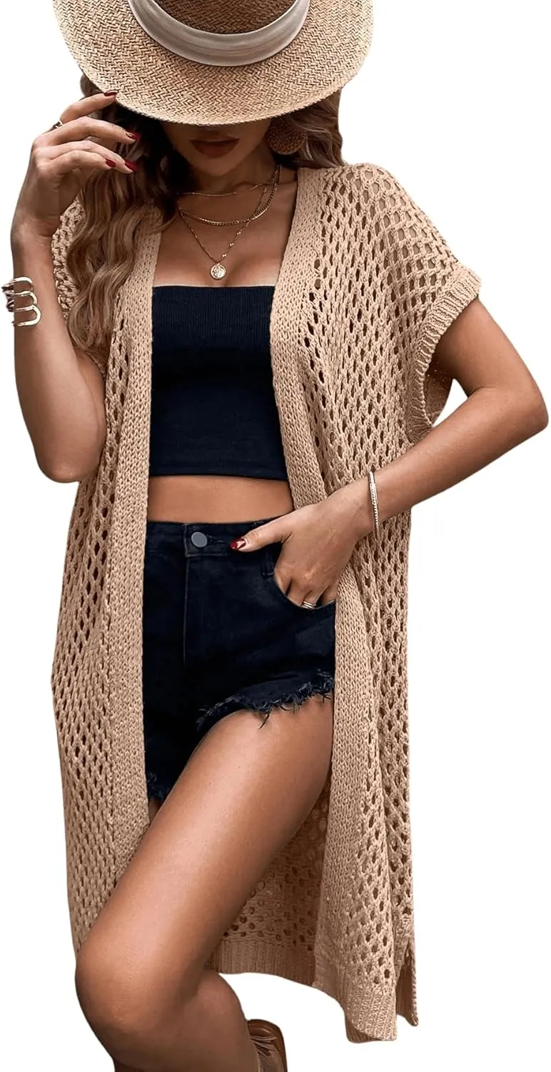 SweatyRocks Women's Short Sleeve Open Front Long Cardigan Hollow Out Knit Loose Sweater Coat