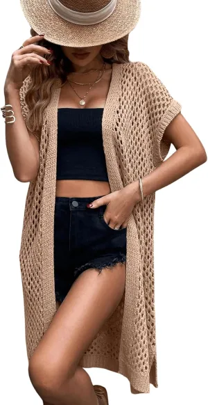 SweatyRocks Women's Short Sleeve Open Front Long Cardigan Hollow Out Knit Loose Sweater Coat