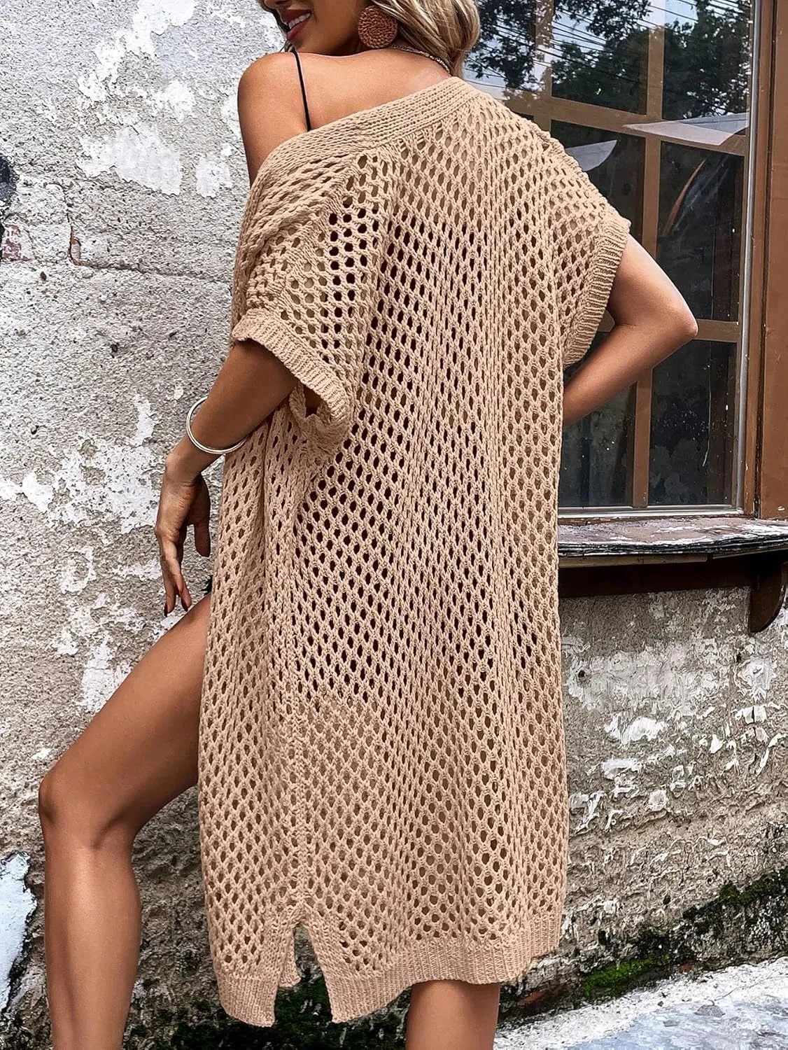 SweatyRocks Women's Short Sleeve Open Front Long Cardigan Hollow Out Knit Loose Sweater Coat