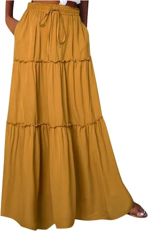 TANGNADE Womens Skirts Summer Casual Flowy High Waisted Tiered Maxi Skirt Spring Trendy Beach Ladies Skirts Long Length