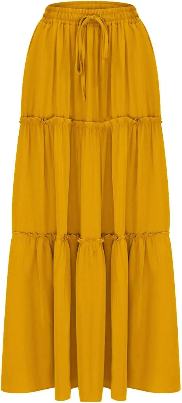 TANGNADE Womens Skirts Summer Casual Flowy High Waisted Tiered Maxi Skirt Spring Trendy Beach Ladies Skirts Long Length