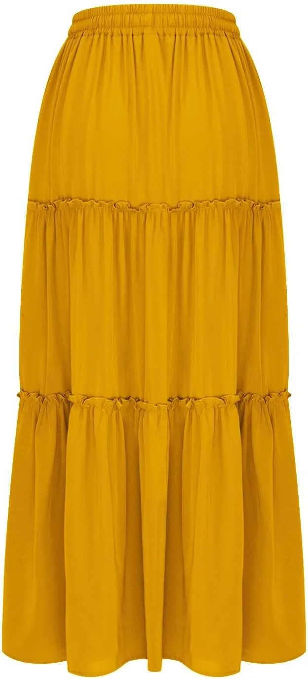 TANGNADE Womens Skirts Summer Casual Flowy High Waisted Tiered Maxi Skirt Spring Trendy Beach Ladies Skirts Long Length