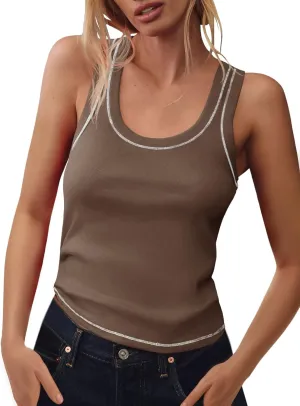 Tankaneo Womens Summer Ribbed Tank Top Casual Ringer Scoop Neck Sleeveless Knit Fitted Tops Going Out Tee Shirts