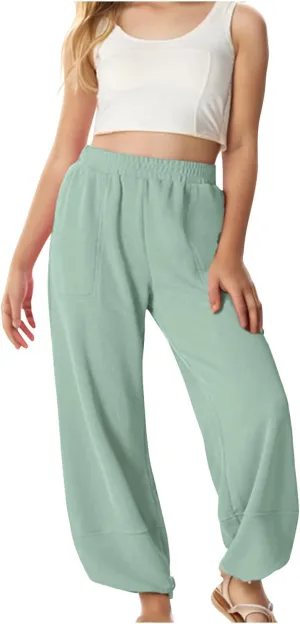 Teen Girls Palazzo Pants Summer Casual Cotton Linen Trousers Kids Lightweight Elastic Waist Solid Color Wide Leg Pant