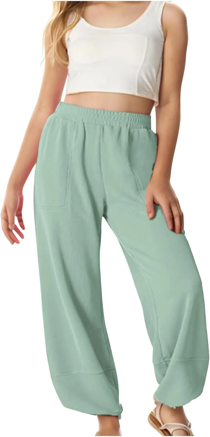 Teen Girls Palazzo Pants Summer Casual Cotton Linen Trousers Kids Lightweight Elastic Waist Solid Color Wide Leg Pant