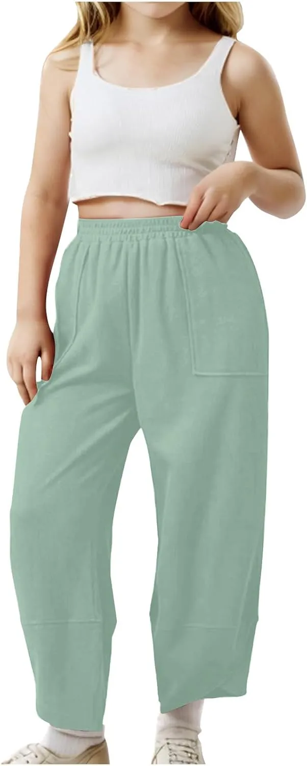 Teen Girls Palazzo Pants Summer Casual Cotton Linen Trousers Kids Lightweight Elastic Waist Solid Color Wide Leg Pant