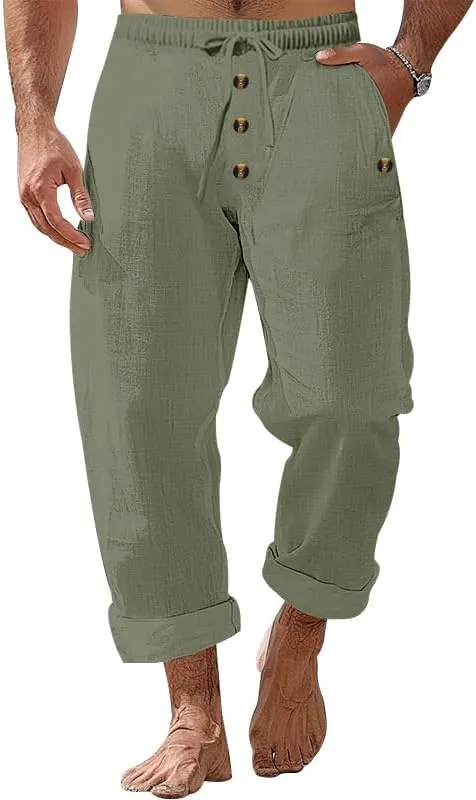 Thatrich Mens Casual Cotton Linen Pants Wide Leg Elastic Waist Button Trousers Loose Fit Lightweight Breathable Beach Slacks