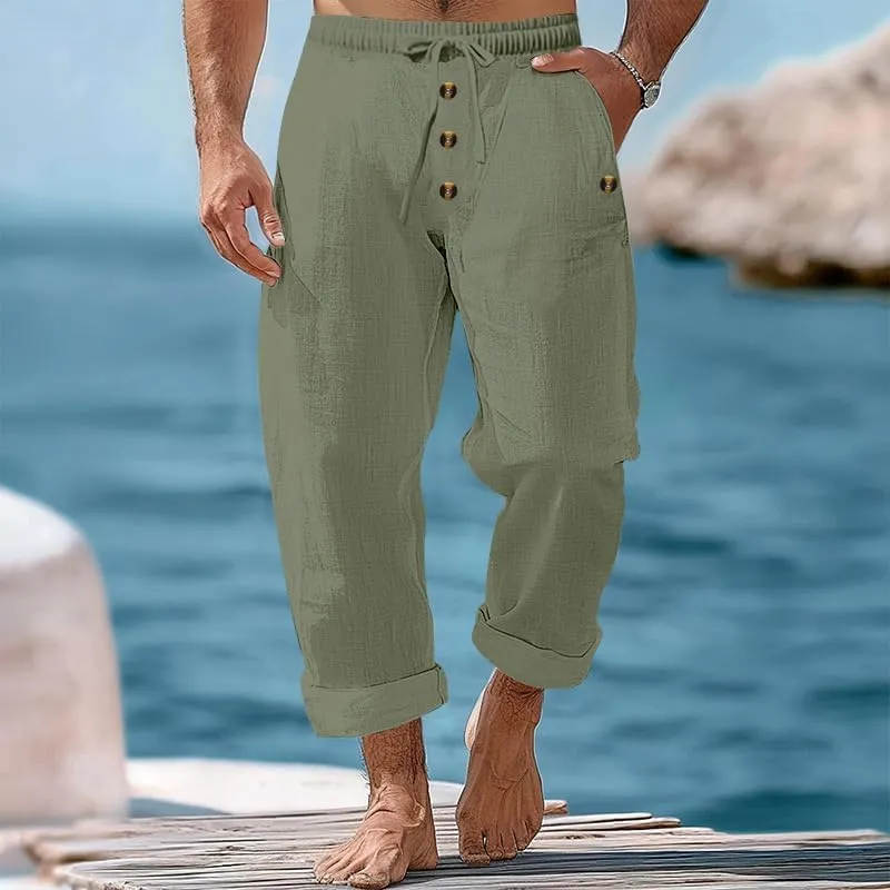 Thatrich Mens Casual Cotton Linen Pants Wide Leg Elastic Waist Button Trousers Loose Fit Lightweight Breathable Beach Slacks