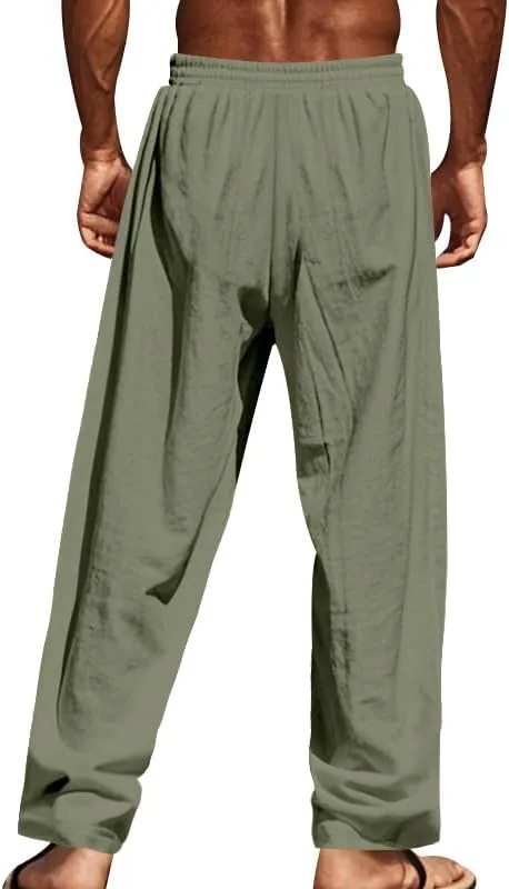 Thatrich Mens Casual Cotton Linen Pants Wide Leg Elastic Waist Button Trousers Loose Fit Lightweight Breathable Beach Slacks