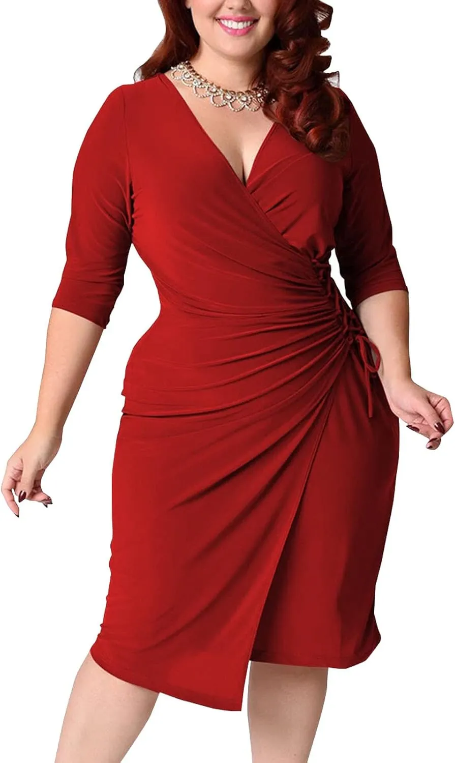 tuduoms Plus Size Wrap Dresses for Cocktail Party, Womens Sexy V Neck Bodycon Wrap Dress Long/Short Sleeve Midi Sheath Dress