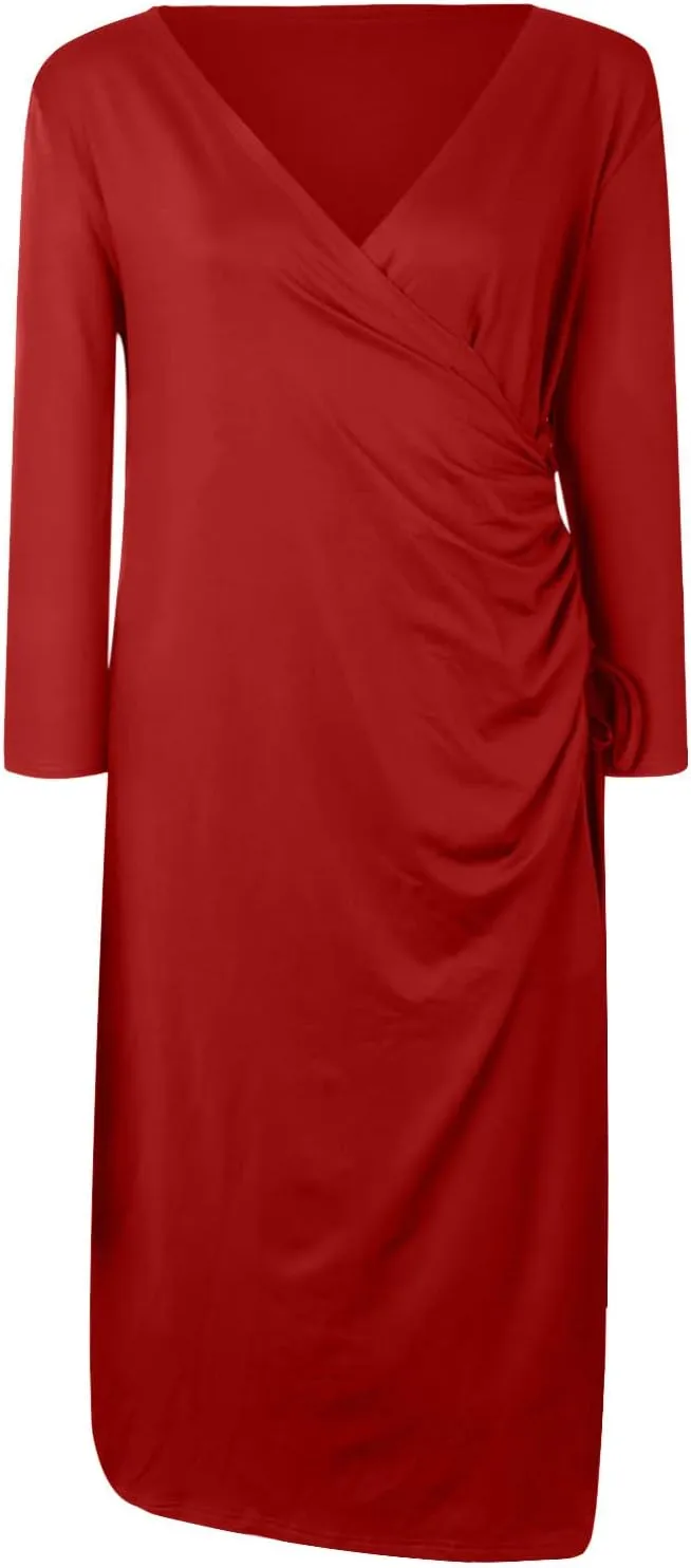 tuduoms Plus Size Wrap Dresses for Cocktail Party, Womens Sexy V Neck Bodycon Wrap Dress Long/Short Sleeve Midi Sheath Dress